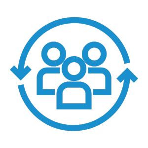 A blue icon depicting three figures inside a circular arrow, symbolising teamwork or collaboration. The figures are simple silhouettes with a focus on community and interconnectedness.