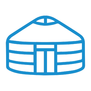 A simple blue outline illustration of a traditional Mongolian yurt, featuring a rounded dome-shaped roof and a central entrance.