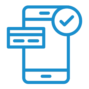 An illustration depicting a smartphone displaying a payment card and a checkmark, indicating successful transaction approval. The design is outlined in blue against a black background.