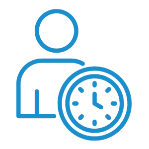 A simple blue icon depicting a person next to a clock, representing time management or scheduling.