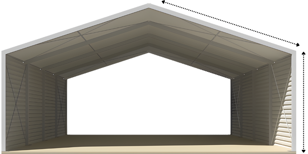 An empty, open-sided metal building structure with a peaked roof, showcasing a clear interior space and bare ground. The walls exhibit vertical panels and the design suggests it is intended for storage or shelter.
