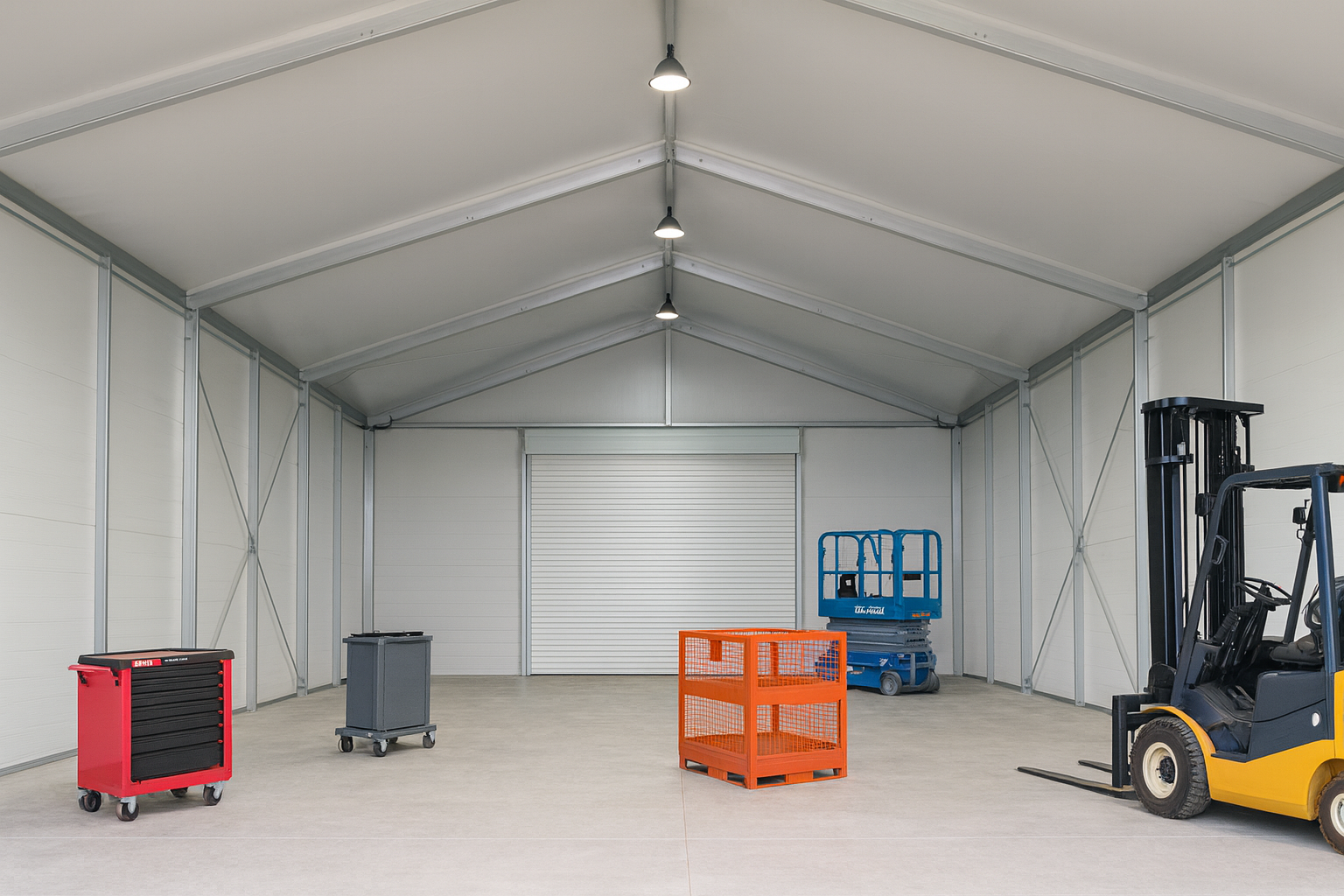 An empty industrial storage space featuring a high ceiling, with a red tool cart, a grey waste container, an orange storage cage, a blue scissor lift in the background, and a forklift parked on the right.