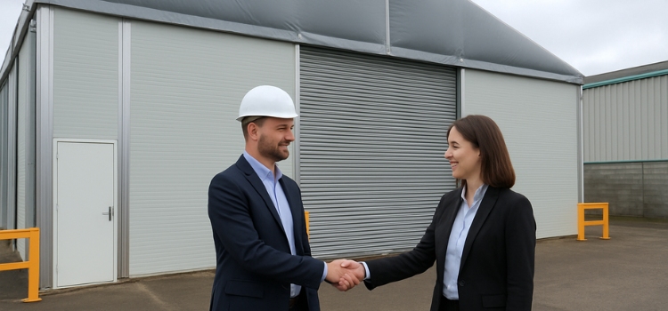 A man in a suit and a hard hat shakes hands with a woman in a blazer outside a large metal building with a rolled-up door. The scene is set in an industrial area.
