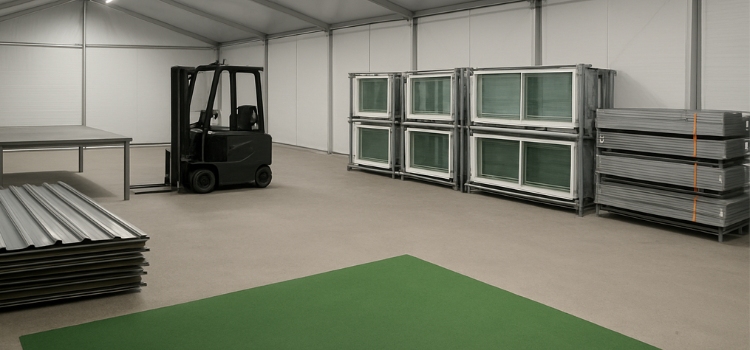 An interior view of a large tent-like structure, featuring a forklift, stacked windows, and metal sheets on the floor, with a green mat positioned on the ground.